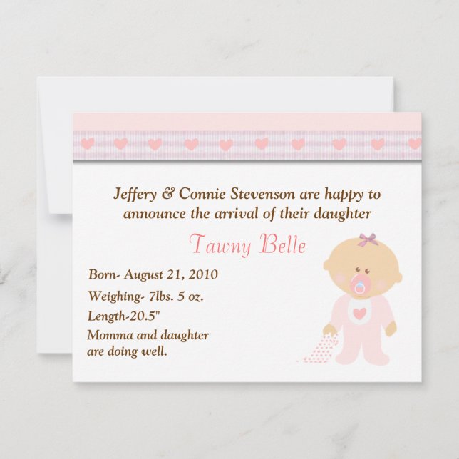 Pink Hearts Cartoon Baby Girl Birth Announcement (Front)