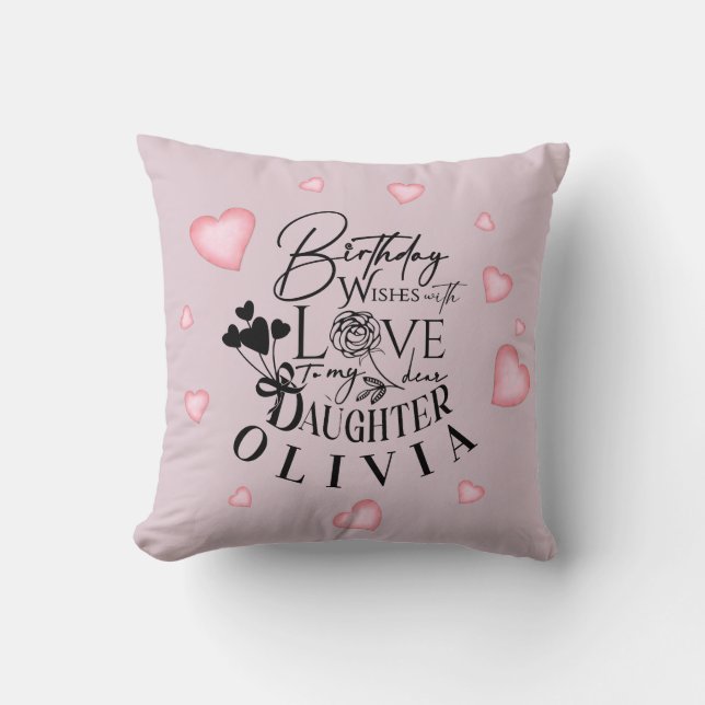 Pink Hearts Daughter Birthday Text Design Cushion (Front)