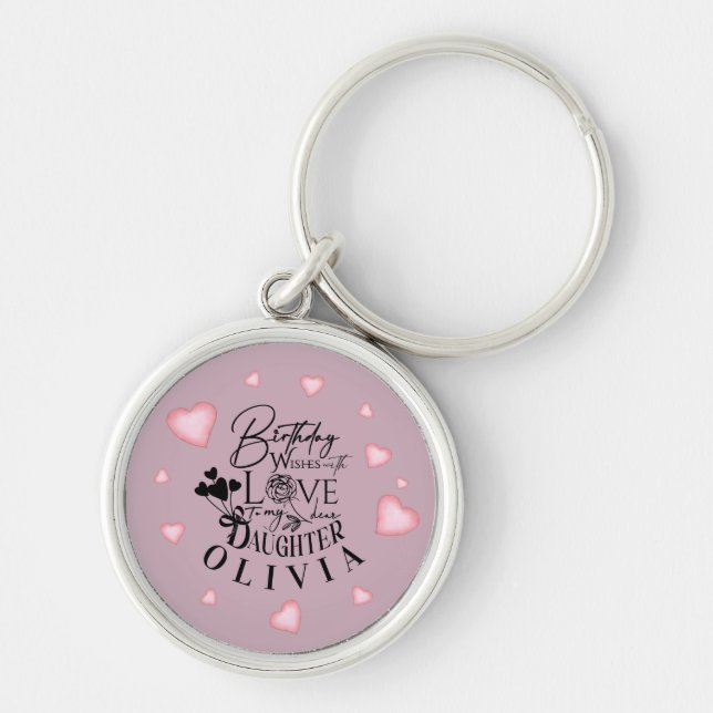 Pink Hearts Daughter Birthday Text Design Key Ring (Front)