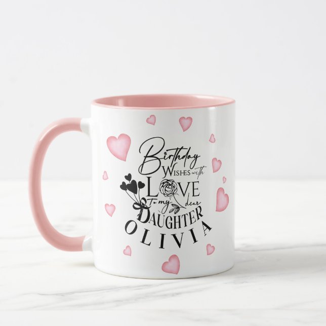 Pink Hearts Daughter Birthday Text Design Mug (Left)