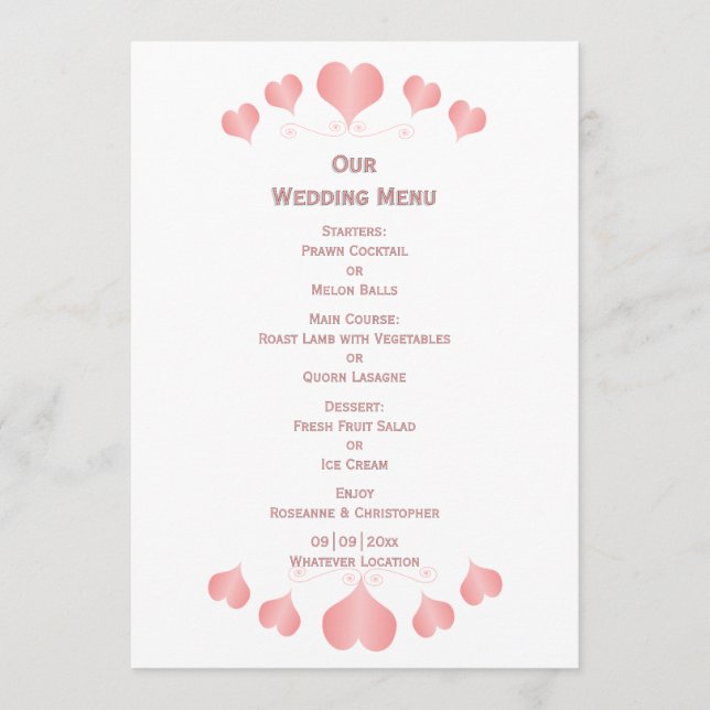Pink Hearts Design Wedding Menu (Front)