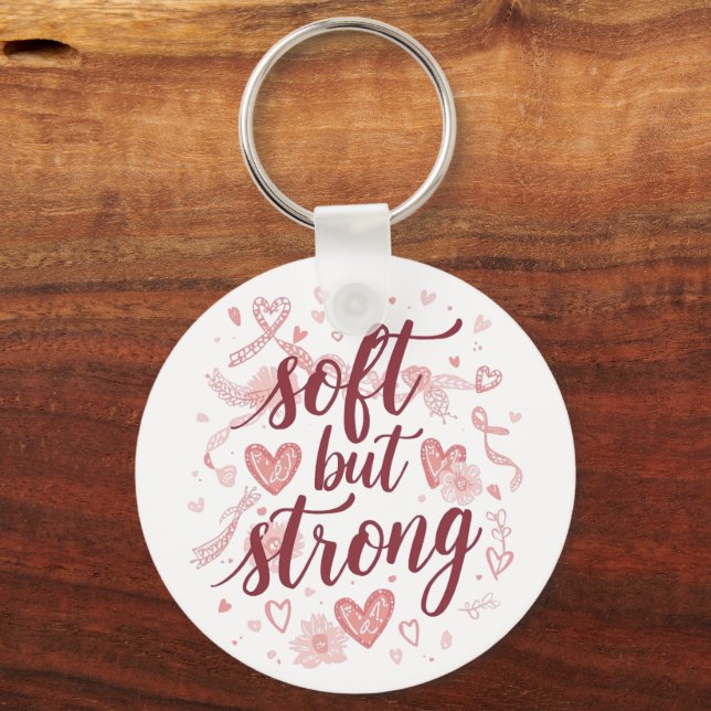 Pink Hearts Empowering "Soft But Strong" Graphic Key Ring (Front)