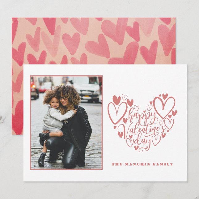 Pink Hearts Family Photo Happy Valentine's Day Car Holiday Card (Front/Back)