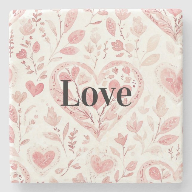 Pink Hearts Floral Love Stone Coaster (Front)