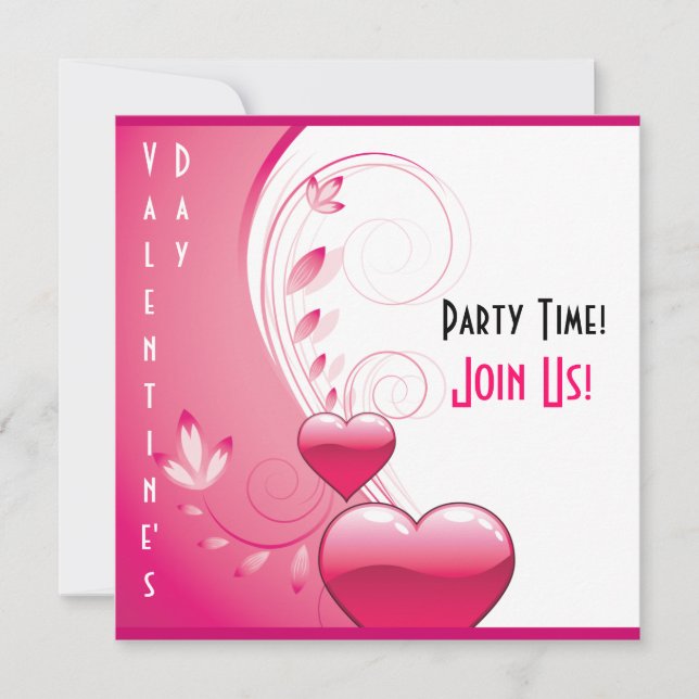 Pink hearts, flowers and swirls Valentine's Day Invitation (Front)