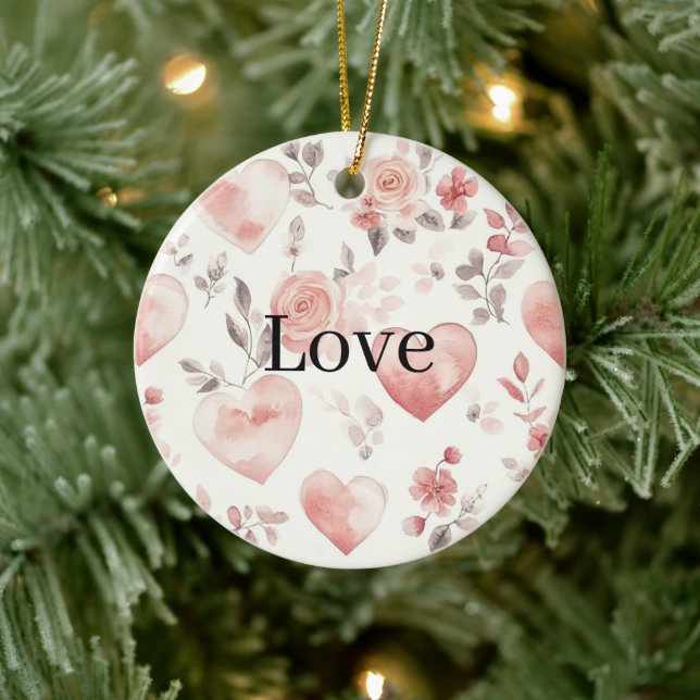 Pink Hearts & Flowers Love   Ceramic Tree Decoration (Tree)