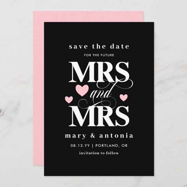 Pink Hearts Future Mrs & Mrs Lesbian Save the Date (Front/Back)
