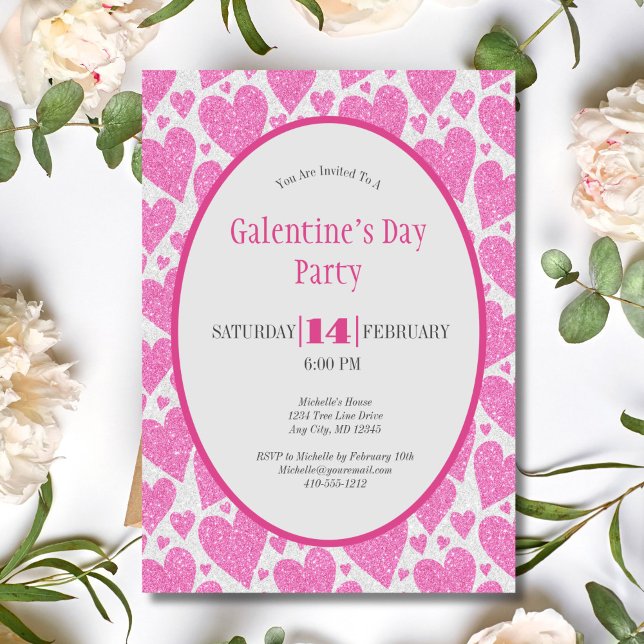 Pink Hearts Galentine's Day Party Invitation (Pink Hearts Glitter sparkle Galentine's Valentines Day Party Invitaiton)