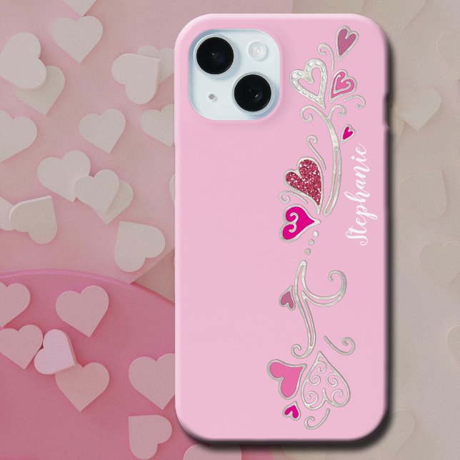 Pink Hearts Glitter Girly Girl Case-Mate iPhone Case (The perfect gift for the girly-girl in your life.  Feminine, glittery, glam style she's gonna love.)
