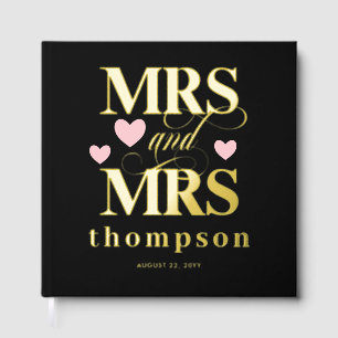 Pink Hearts Gold Mrs & Mrs Lesbian Wedding Guest Book
