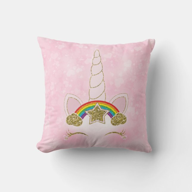 Pink Hearts Gold Rainbow Star Unicorn Horn Face Cushion (Front)