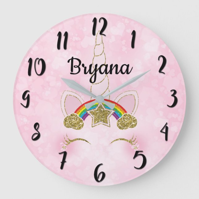 Pink Hearts Gold Rainbow Star Unicorn Horn Face Large Clock (Front)