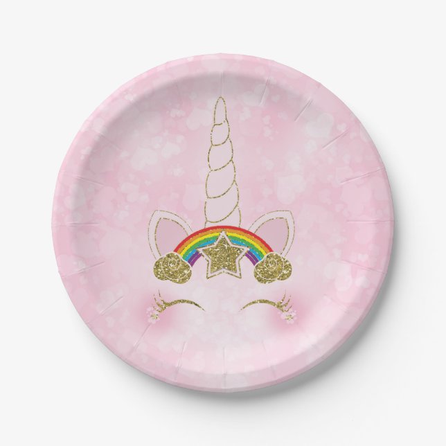 Pink Hearts Gold Rainbow Star Unicorn Horn Face Paper Plate (Front)
