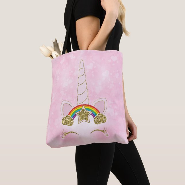 Pink Hearts Gold Rainbow Star Unicorn Horn Face Tote Bag (Close Up)