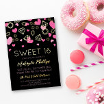 Pink Hearts & Golden Gems Sweet 16<br><div class="desc">Pink and gold Sweet 16 celebration invitation in black with pink hearts and gold foil outlines of gemstones. Glam sweet 16 party invitation in pink,  black,  and gold. Girly sweet sixteen invitation with gold foil and pink text,  pink hearts,  and golden gems.</div>
