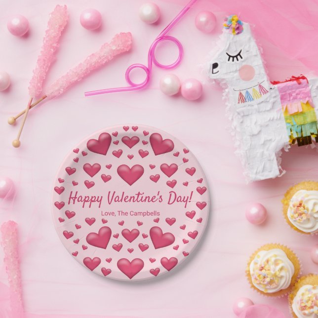 Pink Hearts Happy Valentine's Day & Custom Text Paper Plate (Party)