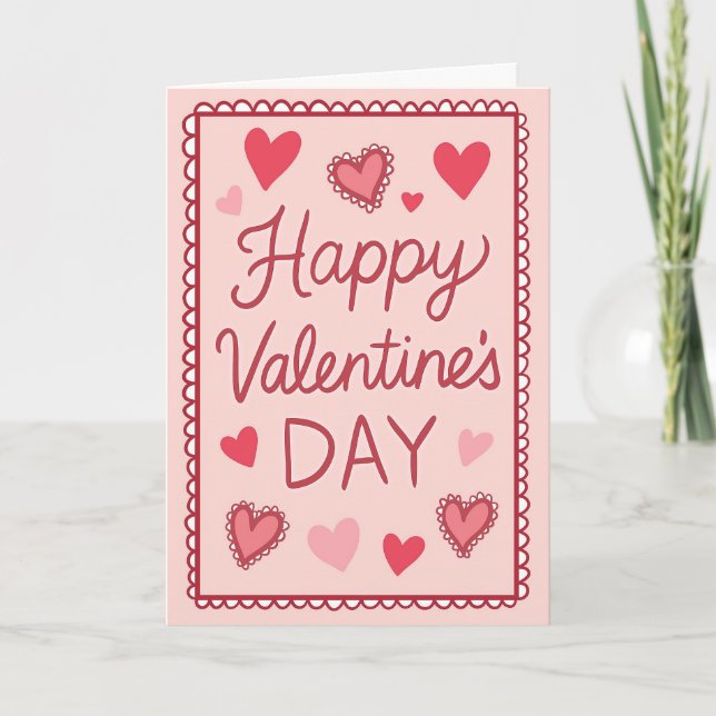 Pink Hearts Happy Valentines Day Greeting Card (Front)