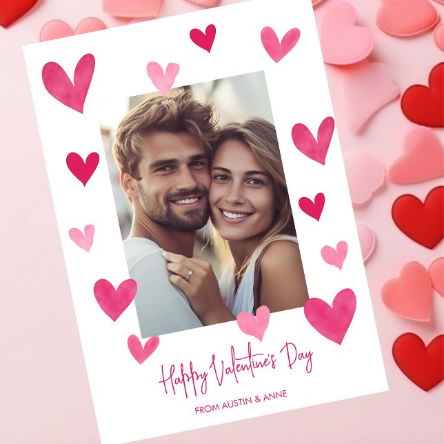 Pink hearts Happy Valentine's day photo Holiday Card (Creator Uploaded)