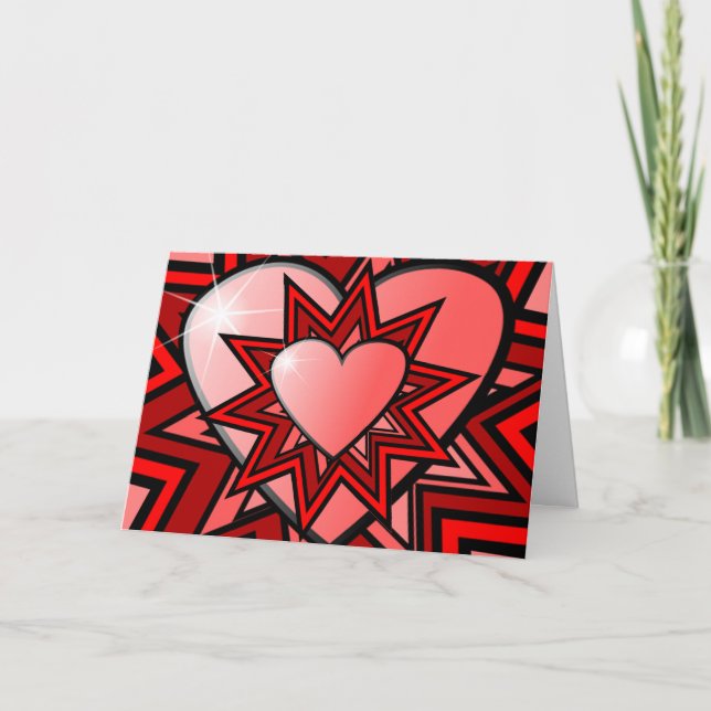 Pink Hearts in Red Abstract Design Card (Front)