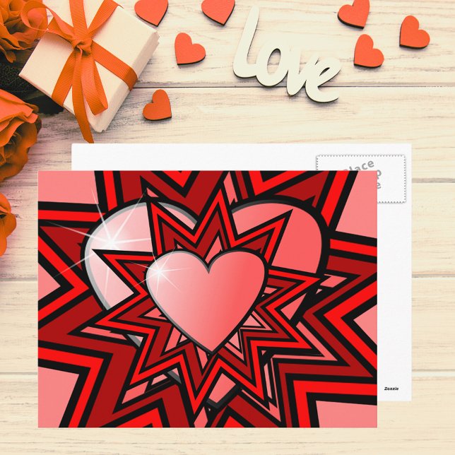 Pink Hearts in Red Abstract Design Postcard (Pink Hearts in Red Abstract Design Postcard)