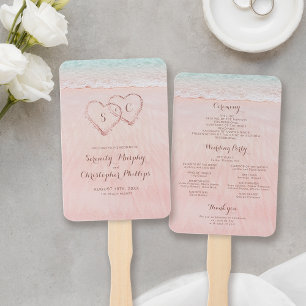 Pink hearts in the sand beach wedding program hand fan