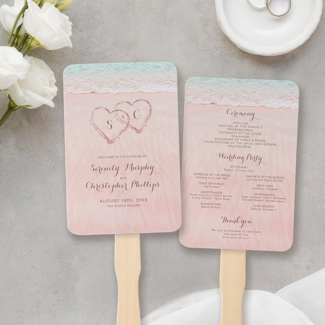 Pink hearts in the sand beach wedding program hand fan (Pink hearts in the sand beach wedding program hand fan)