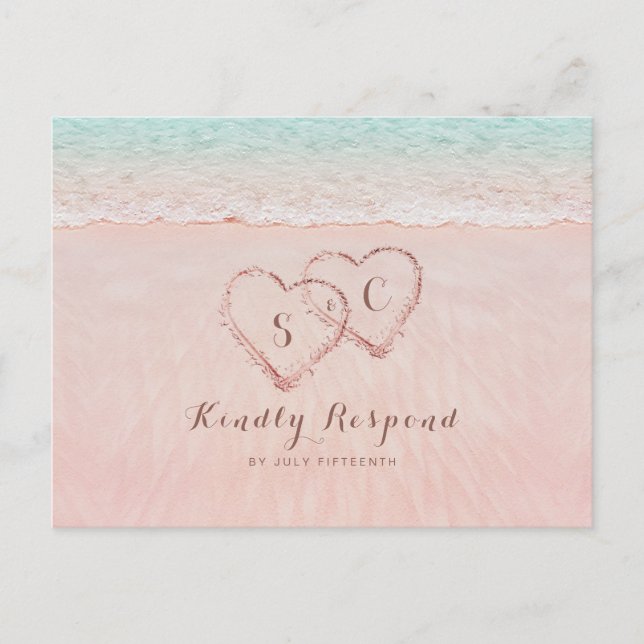Pink hearts in the sand beach wedding RSVP Invitation Postcard (Front)