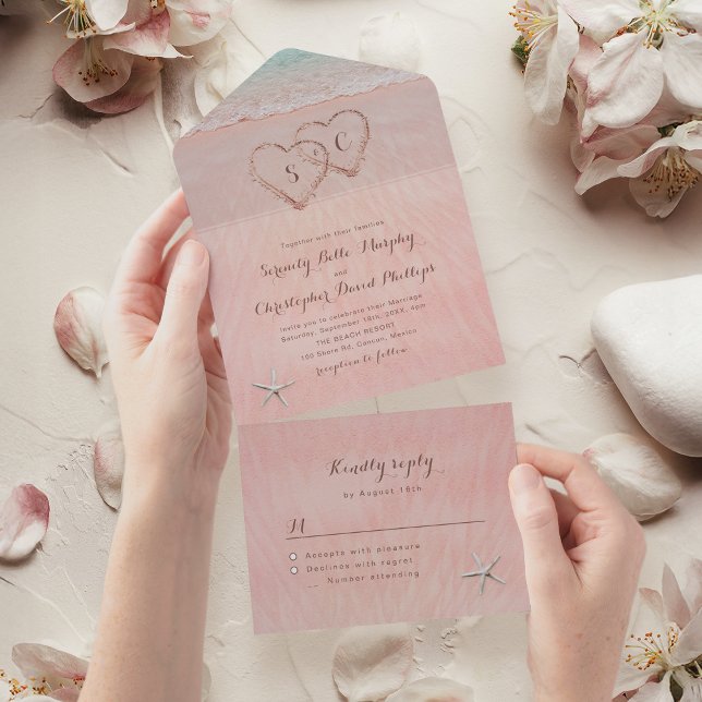 Pink hearts in the sand destination beach wedding all in one invitation (Simply Elegant Typography Modern Wedding Invitation)