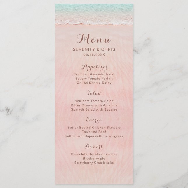 Pink hearts in the sand destination beach wedding menu (Front)