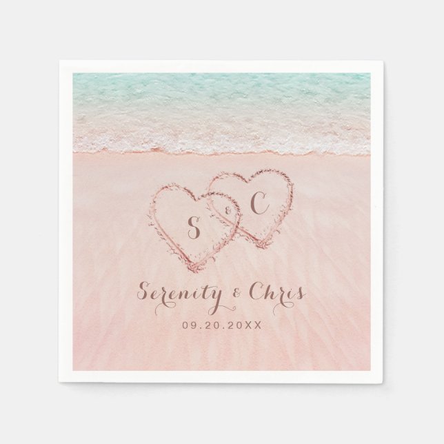 Pink hearts in the sand destination beach wedding napkin (Front)