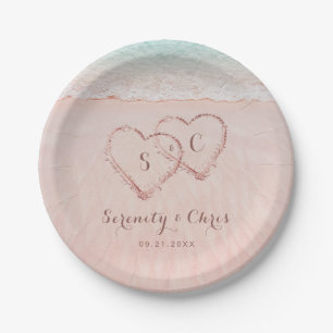 Pink hearts in the sand destination beach wedding paper plate