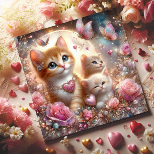 Pink Hearts Kittens Butterflies Valentine Holiday Card