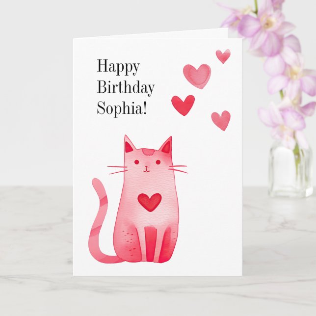 Pink Hearts Kitty Cat Birthday Card (Orchid)