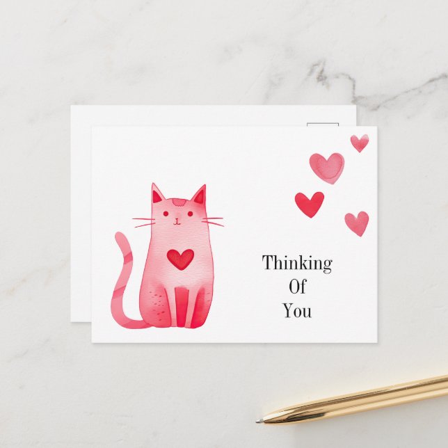 Pink Hearts Kitty Cat Thinking of you Postcard (Front/Back In Situ)