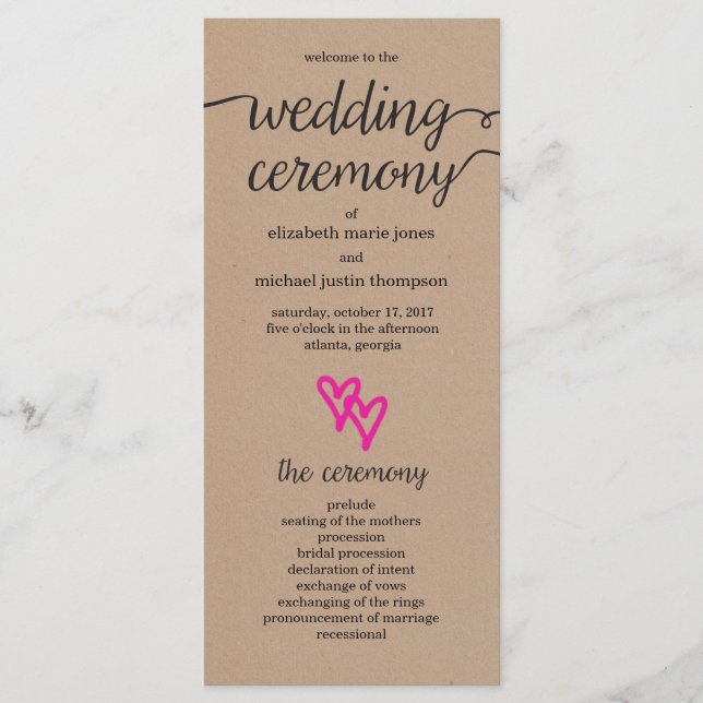 Pink Hearts Kraft Wedding Program Programme (Front)