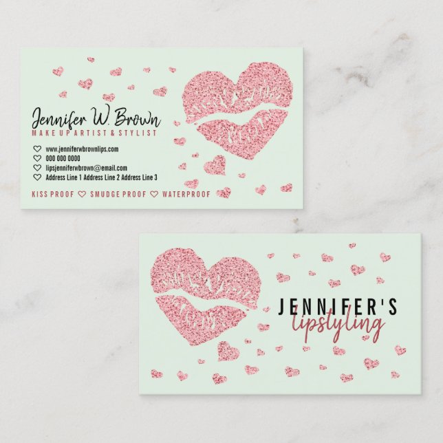 Pink Hearts Lips green Rose Gold Gloss Lipstick Business Card (Front/Back)