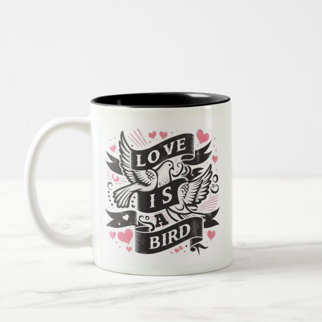 Pink hearts love is a Bird - doves Two-Tone Coffee Mug (Left)