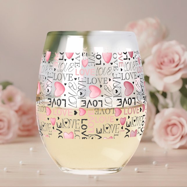 Pink Hearts Love Script Pattern Happy Valentine's  Stemless Wine Glass (Creator Uploaded)