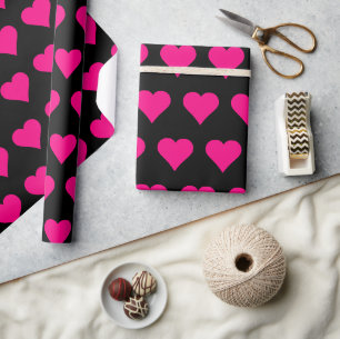 Pink Hearts on Black Background Wrapping Paper