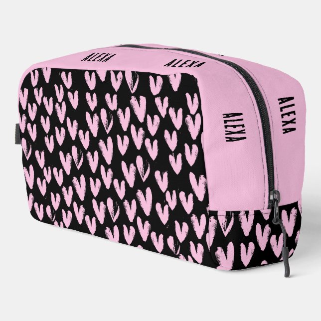 Pink Hearts On Black With Custom Name Dopp Kit (Right Corner)