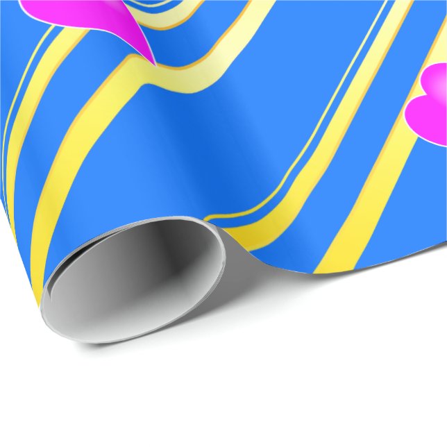 Pink Hearts on Blue Background Gold Stripes Wrapping Paper (Roll Corner)