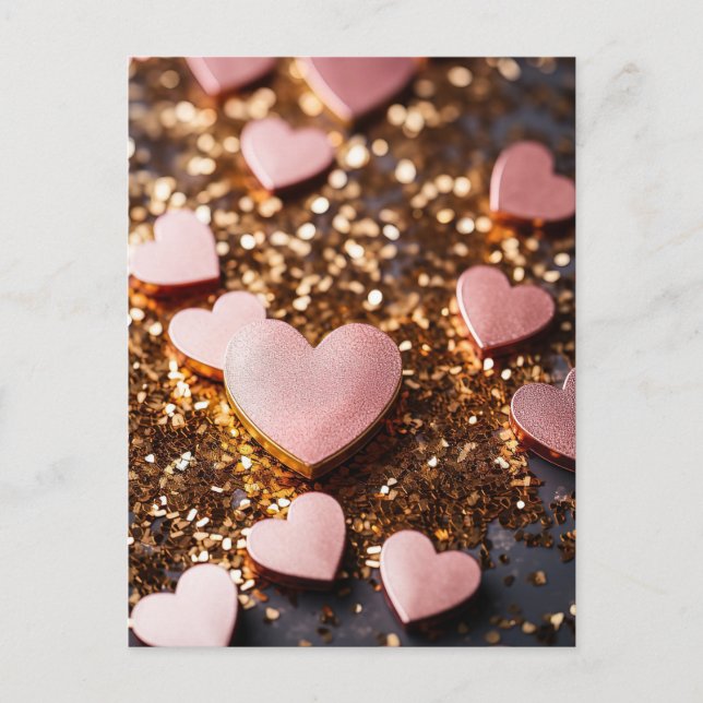 pink hearts on golden glitter ground for valentine postcard (Front)