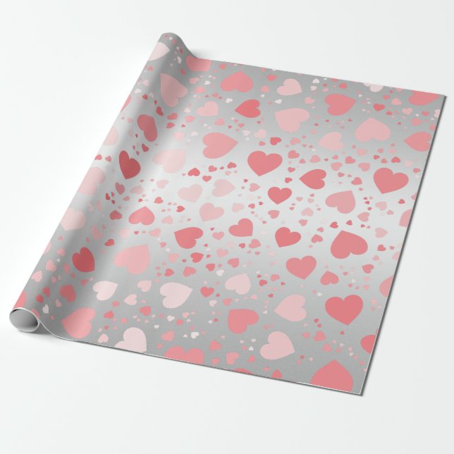 Pink Hearts on Silver  Wrapping Paper (Unrolled)