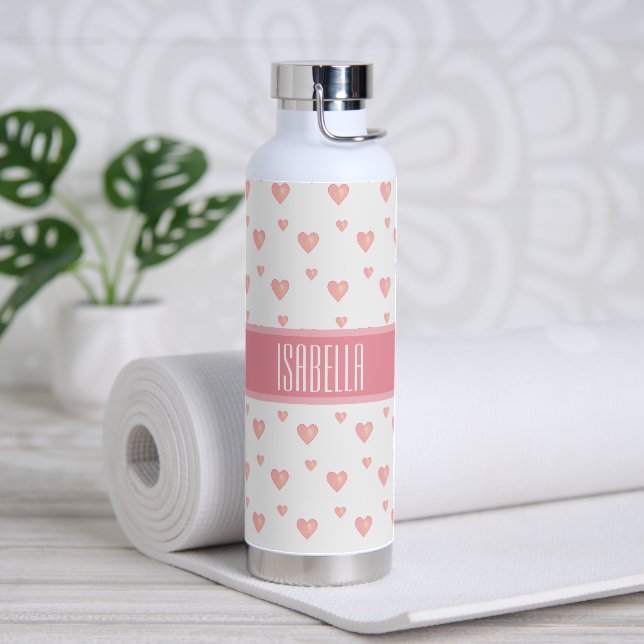 Pink Hearts on White Water Bottle (Yoga)