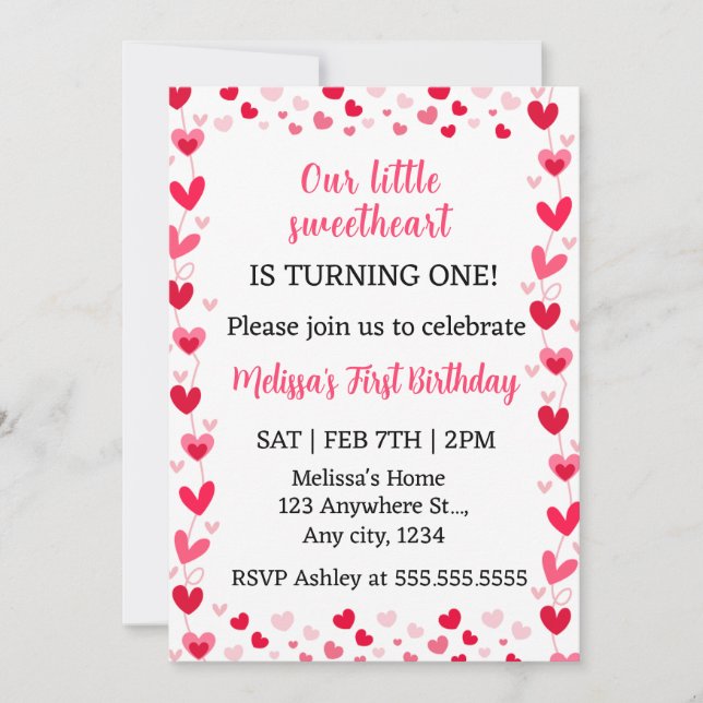 Pink Hearts Our Little Sweetheart Birthday Invite  (Front)