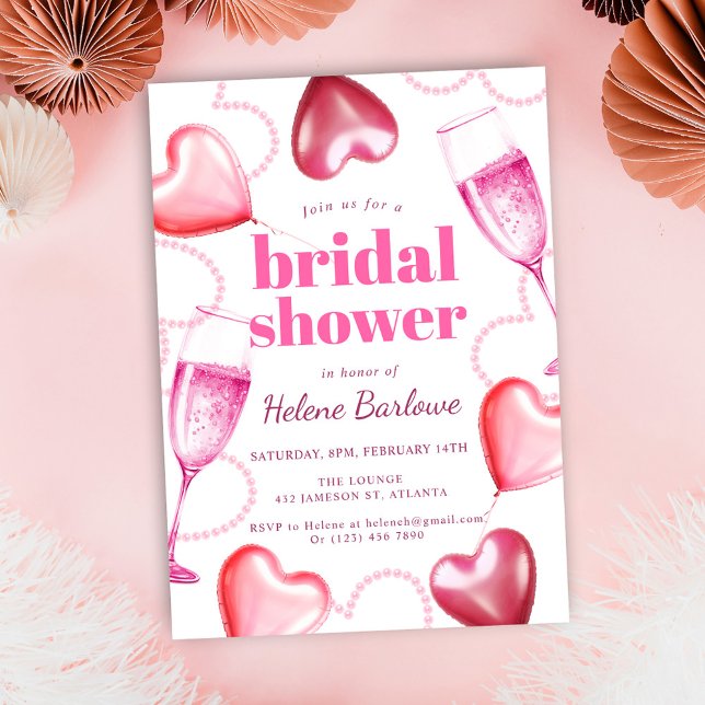Pink Hearts Party Girly Cute Modern Bridal Shower Invitation (Modern Elegant Party Cute Pink Bridal Shower Invitation)