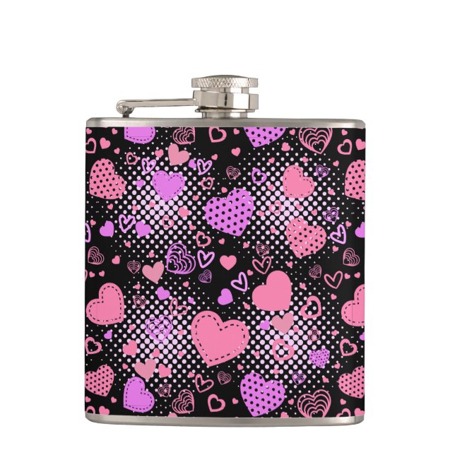 Pink Hearts Pattern 01 Black BG Hip Flask (Front)
