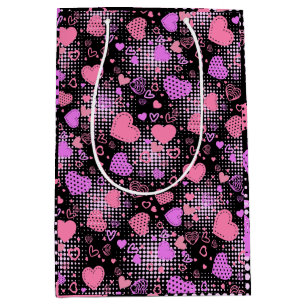Pink Hearts Pattern 01 Black BG Medium Gift Bag
