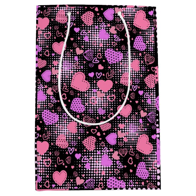 Pink Hearts Pattern 01 Black BG Medium Gift Bag (Front)