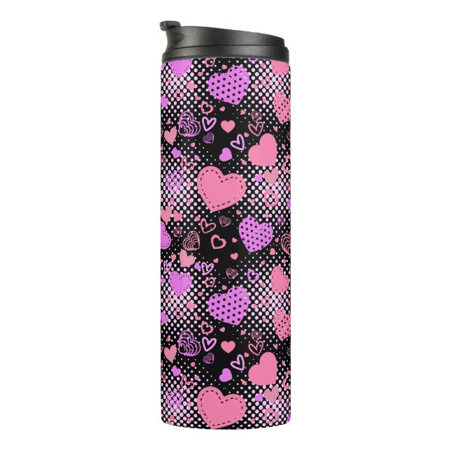 Pink Hearts Pattern 01 Black BG Thermal Tumbler (Rotated Right)